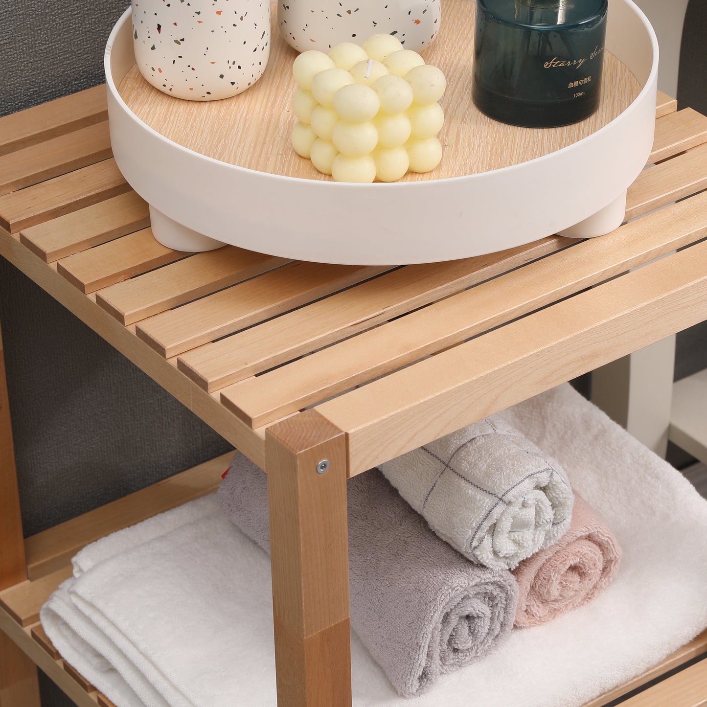 Étagère de salle de bain d'angle en bouleau à 2 niveaux - Unité de rangement en bois naturel