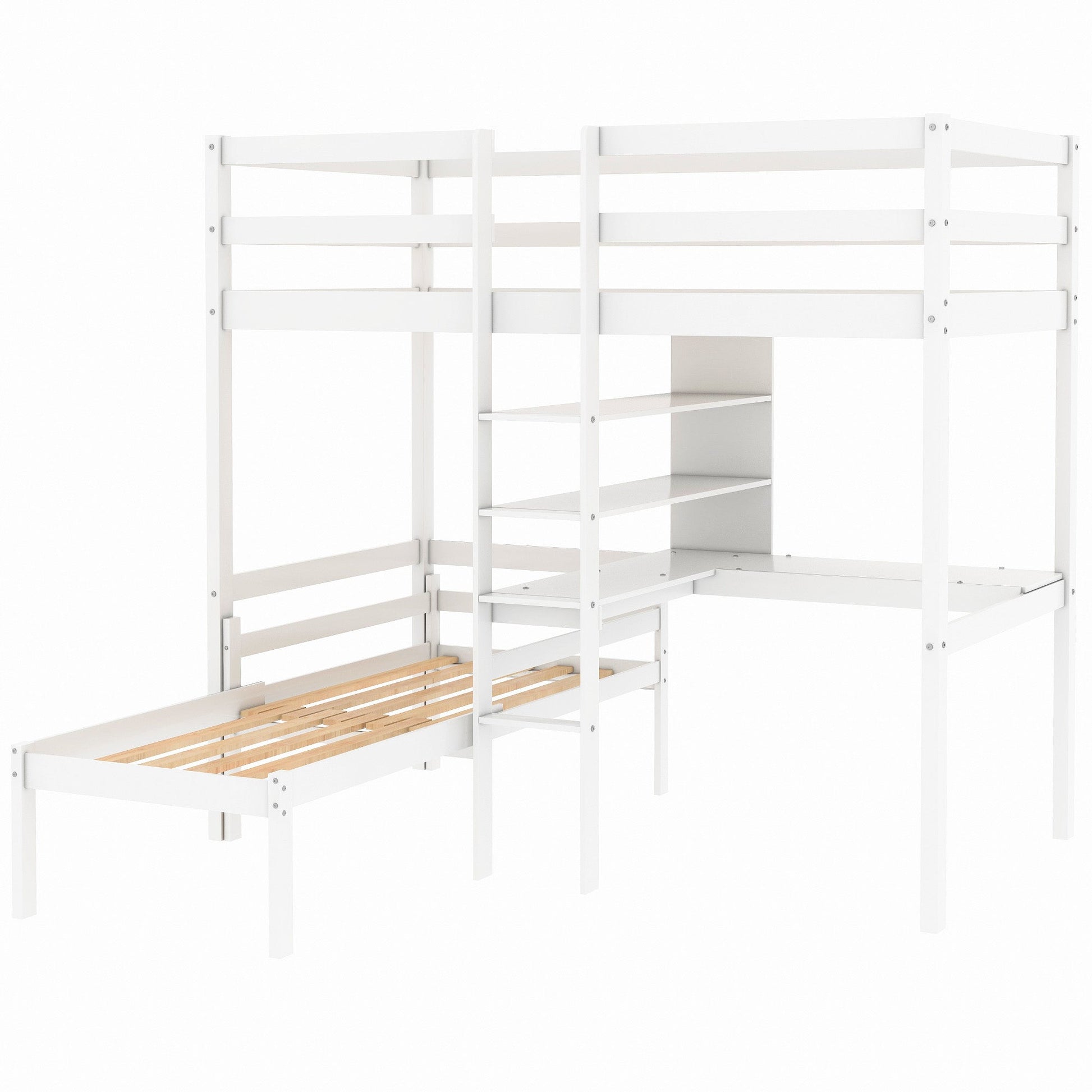 Convertible Loft Bed with L-Shape Desk, Twin Bunk Bed with Shelves and Ladder White - Korvel