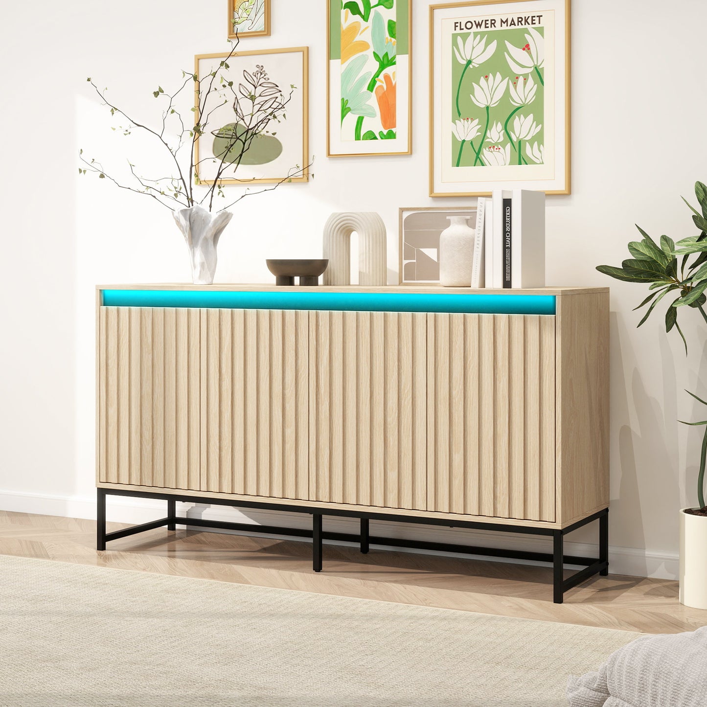 Engraved 4-door side panel with LED, self-service cabinet storage cabinet, modern coffee bar cabinet with adjustable shelves - Korvel