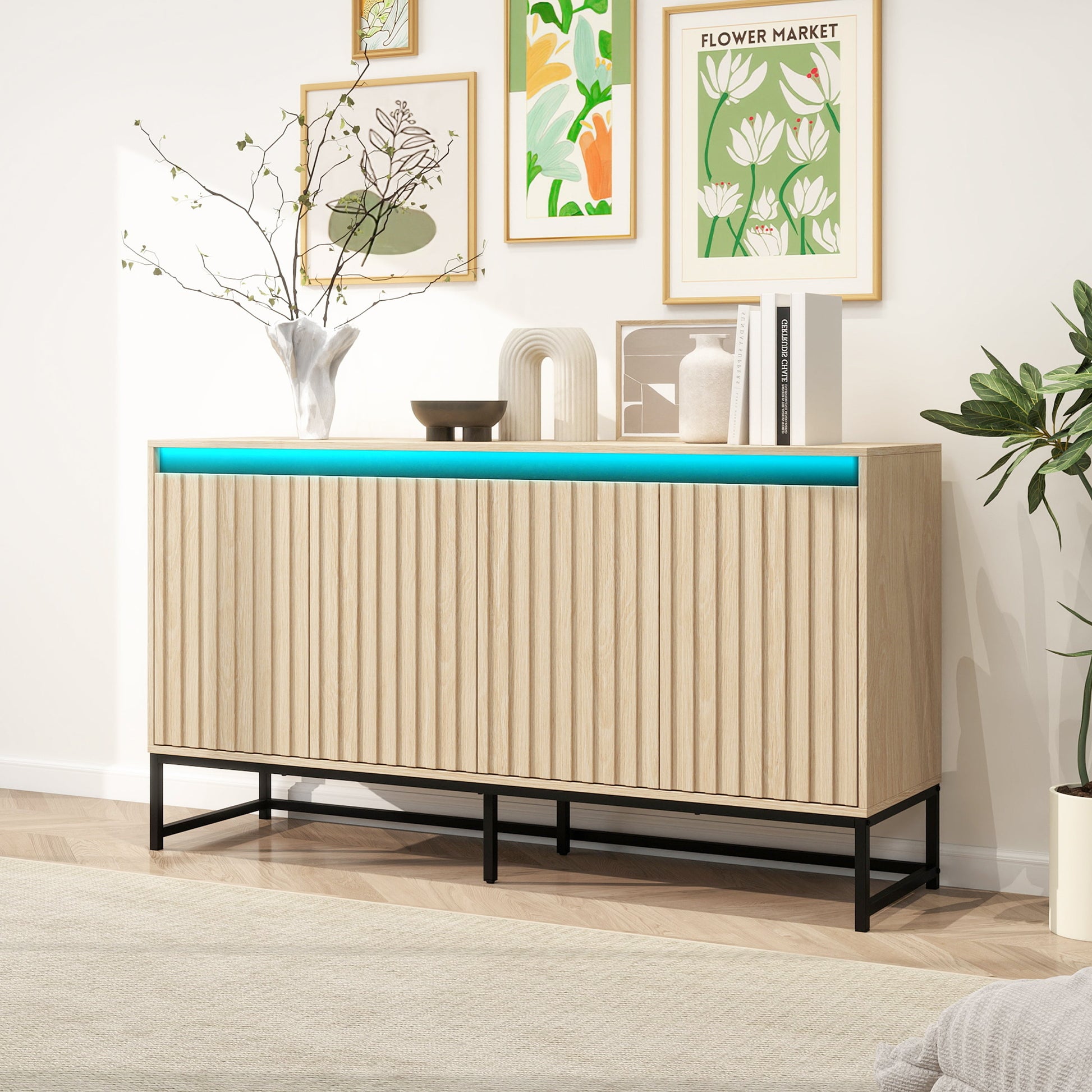 Engraved 4-door side panel with LED, self-service cabinet storage cabinet, modern coffee bar cabinet with adjustable shelves - Korvel