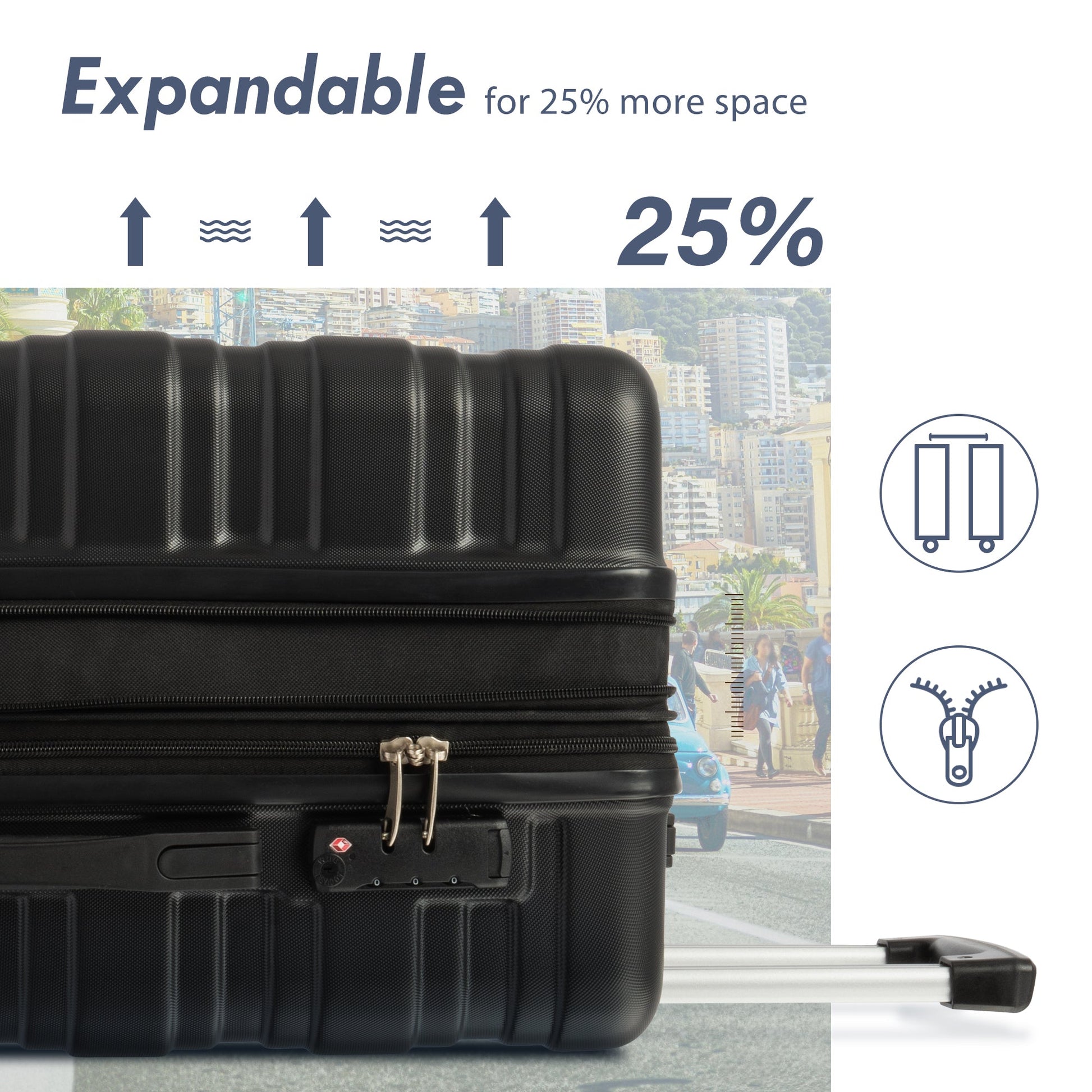Hardshell Luggage Sets 3 Pcs Spinner Suitcase with TSA Lock Lightweight 20''24''28''   Black + ABS - Korvel