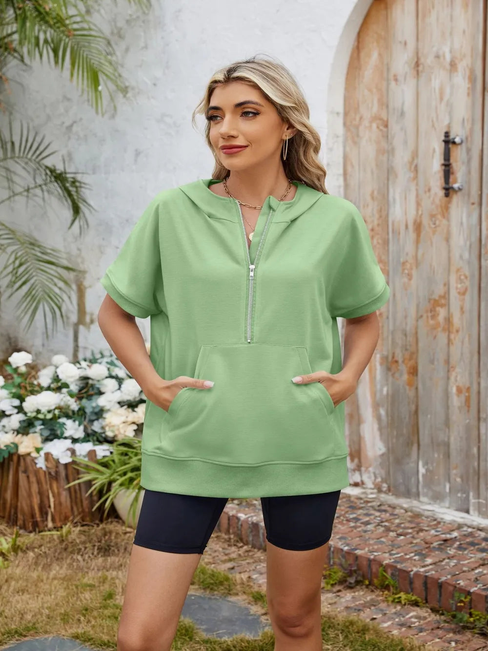 Half Zip Short Sleeve Hooded Top - Korvel