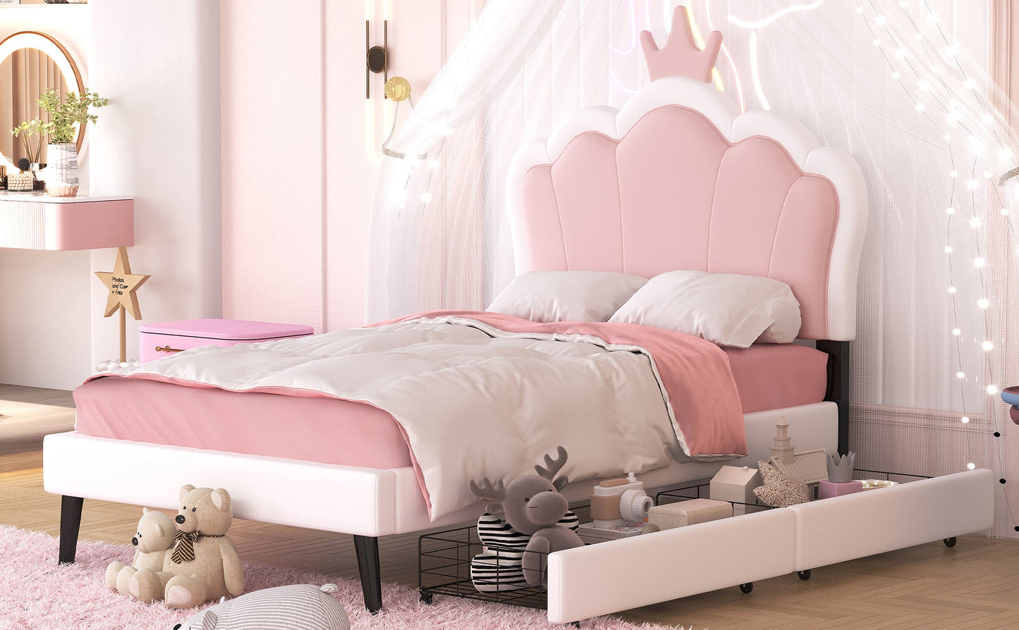 Twin Size Upholstered Princess Bed with Crown Headboard