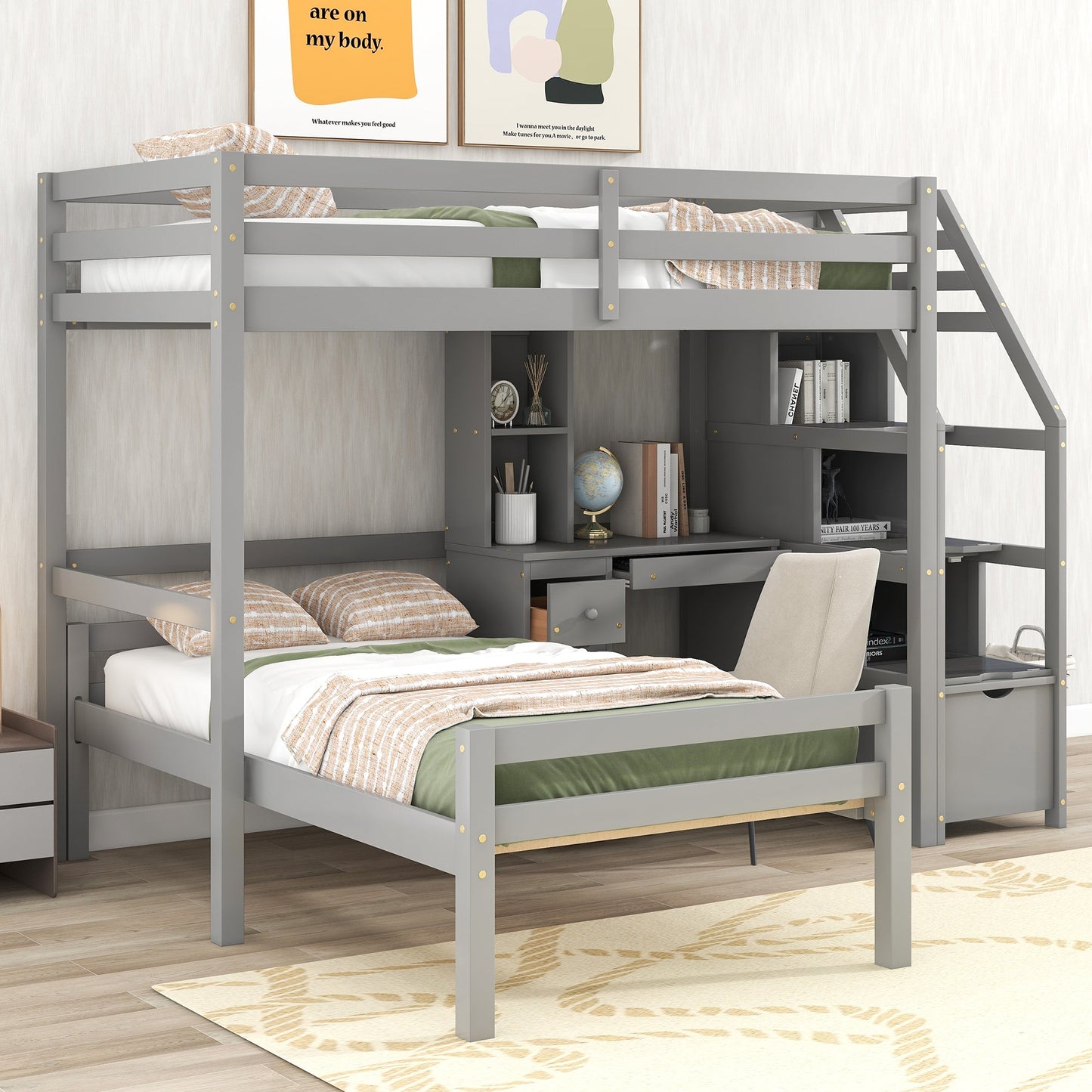 Cama loft tamaño twin con escalera de almacenamiento y escritorio - Gris