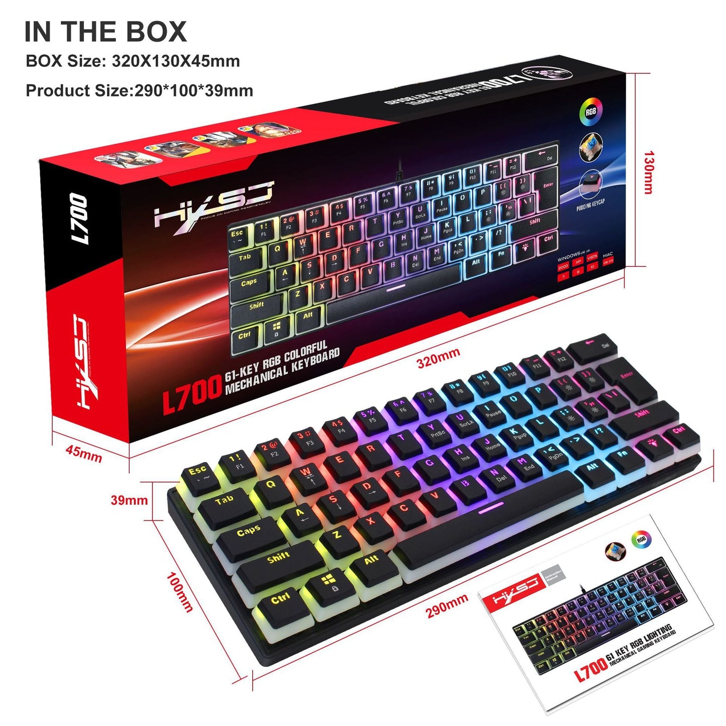 HXSJ new 61 key wired mechanical keyboard, blue axis pudding keycap, color backlit game, office and home use - Korvel