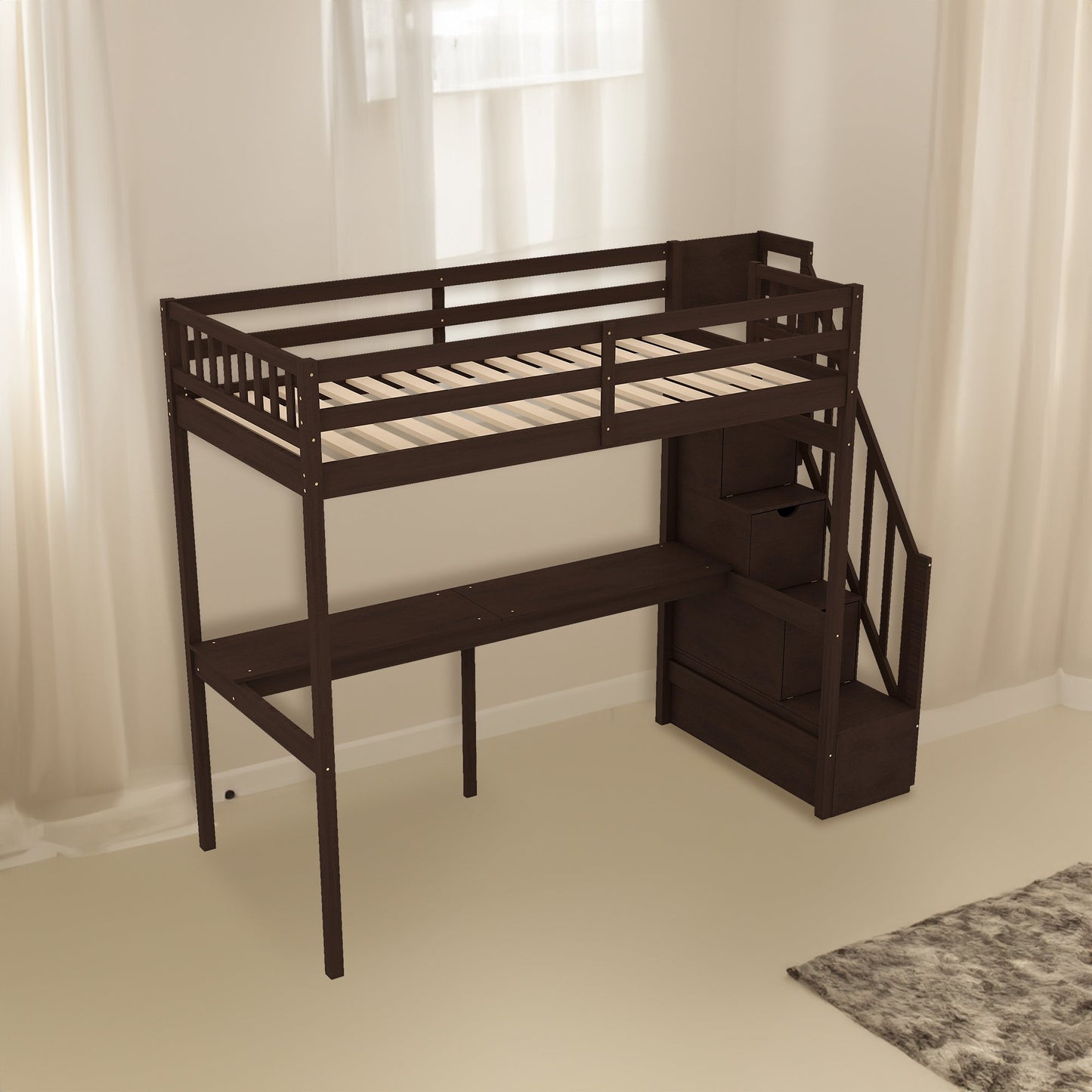 Twin Size Loft Bed with Storage Staircase and Built-in Desk - Espresso