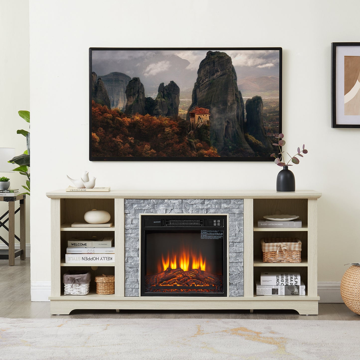 Meuble TV avec foyer électrique en pierre Mantel et rangement ouvert