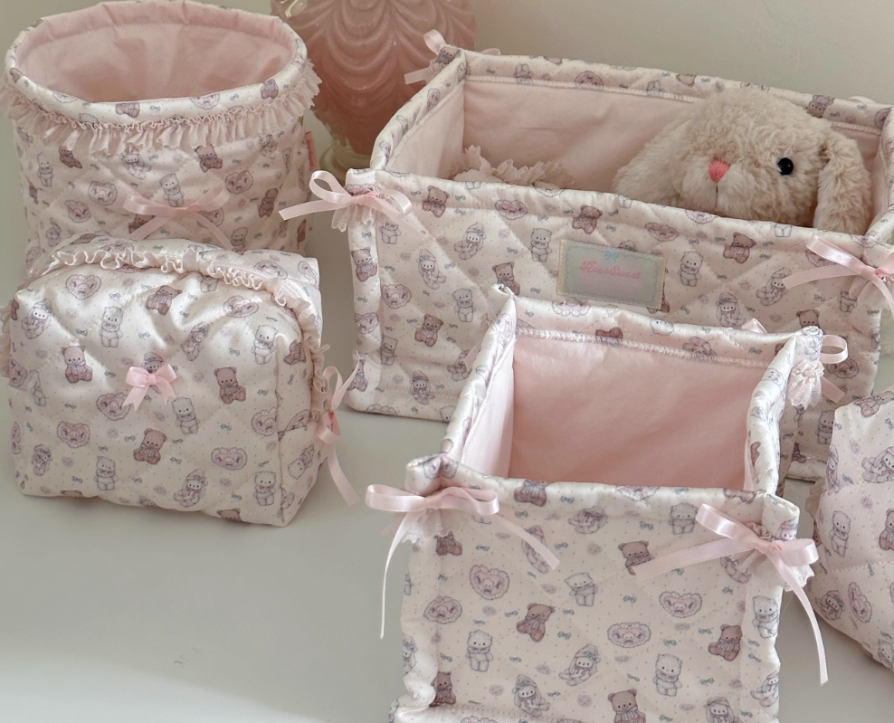 Cute Cat and Bear Satin Storage Basket
