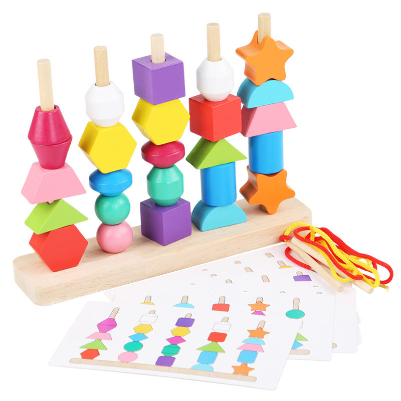 Wooden children's puzzle bead toys with five sets of column colors, sensory enlightenment, shape perception, and building block toys - Korvel
