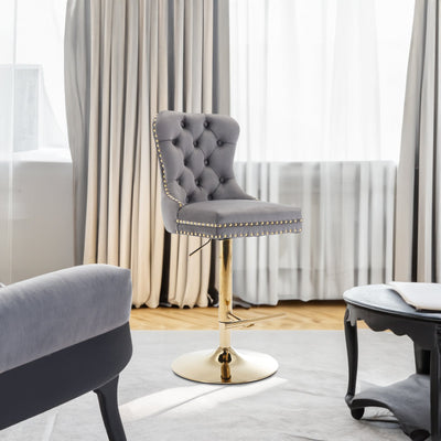 Thick gold rotating velvet bar stool with adjustable seat height of 25-33 inches and backrest (gray, set of 2 pieces) - Korvel