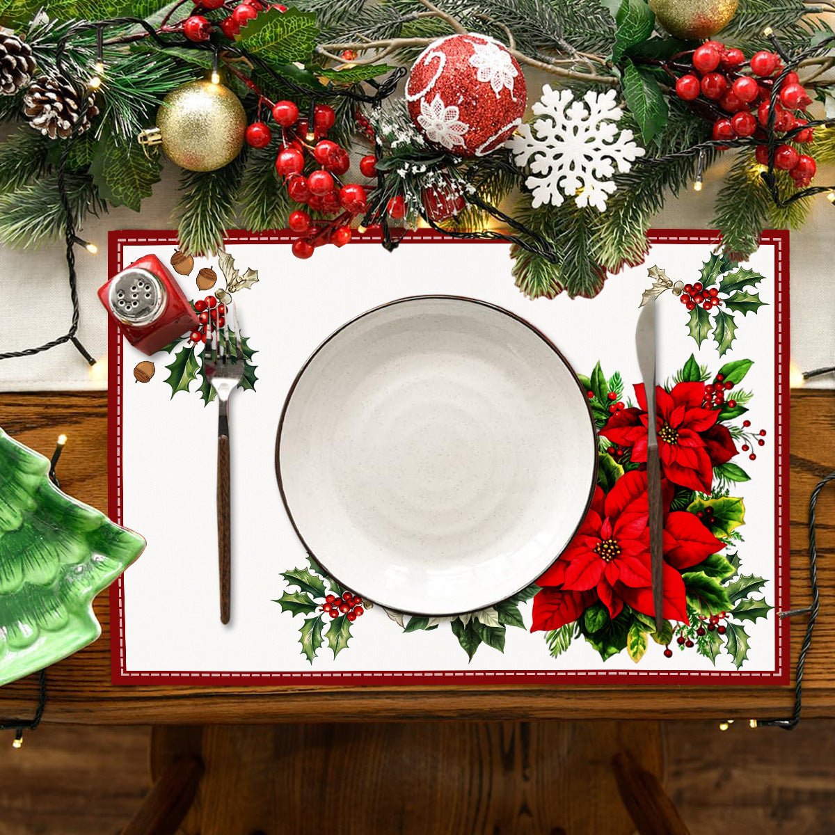 Christmas Red Flower Meal Mat Flower Pinecone Printed Table Mat Holiday Table Insulation Mat - Korvel