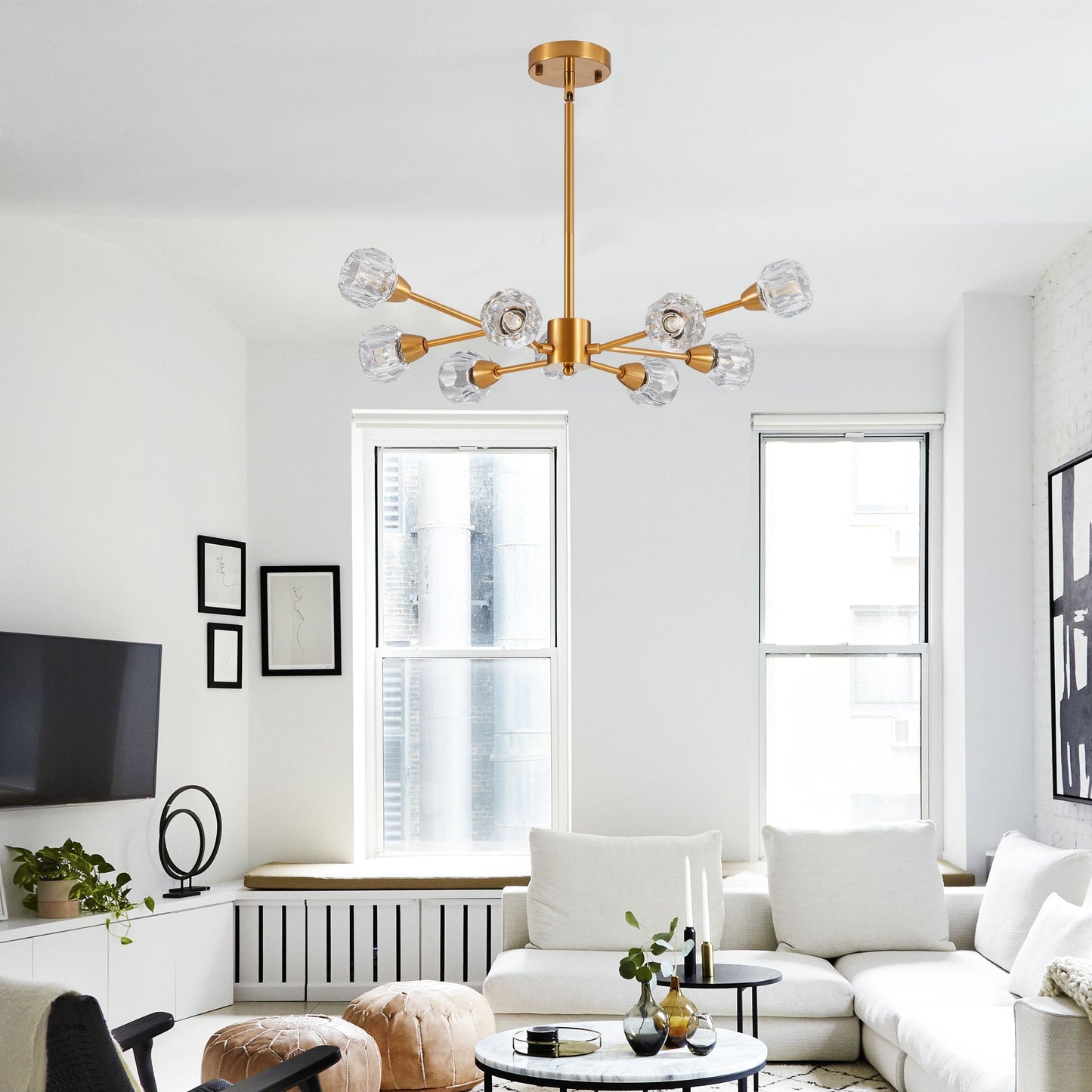 Modern Crystal Chandeliers, 9 Lights Golden Chandelier for Living Room Bedroom (Bulbs Not Included) - Korvel