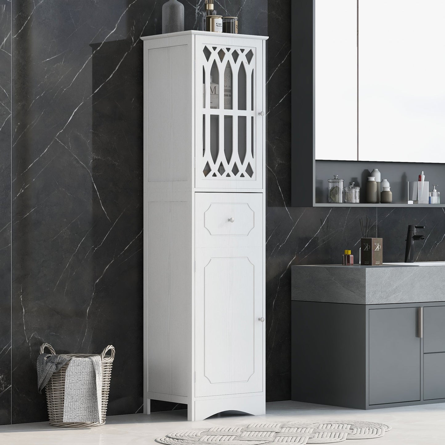 Elegant Tall Bathroom Cabinet with Adjustable Shelf - White