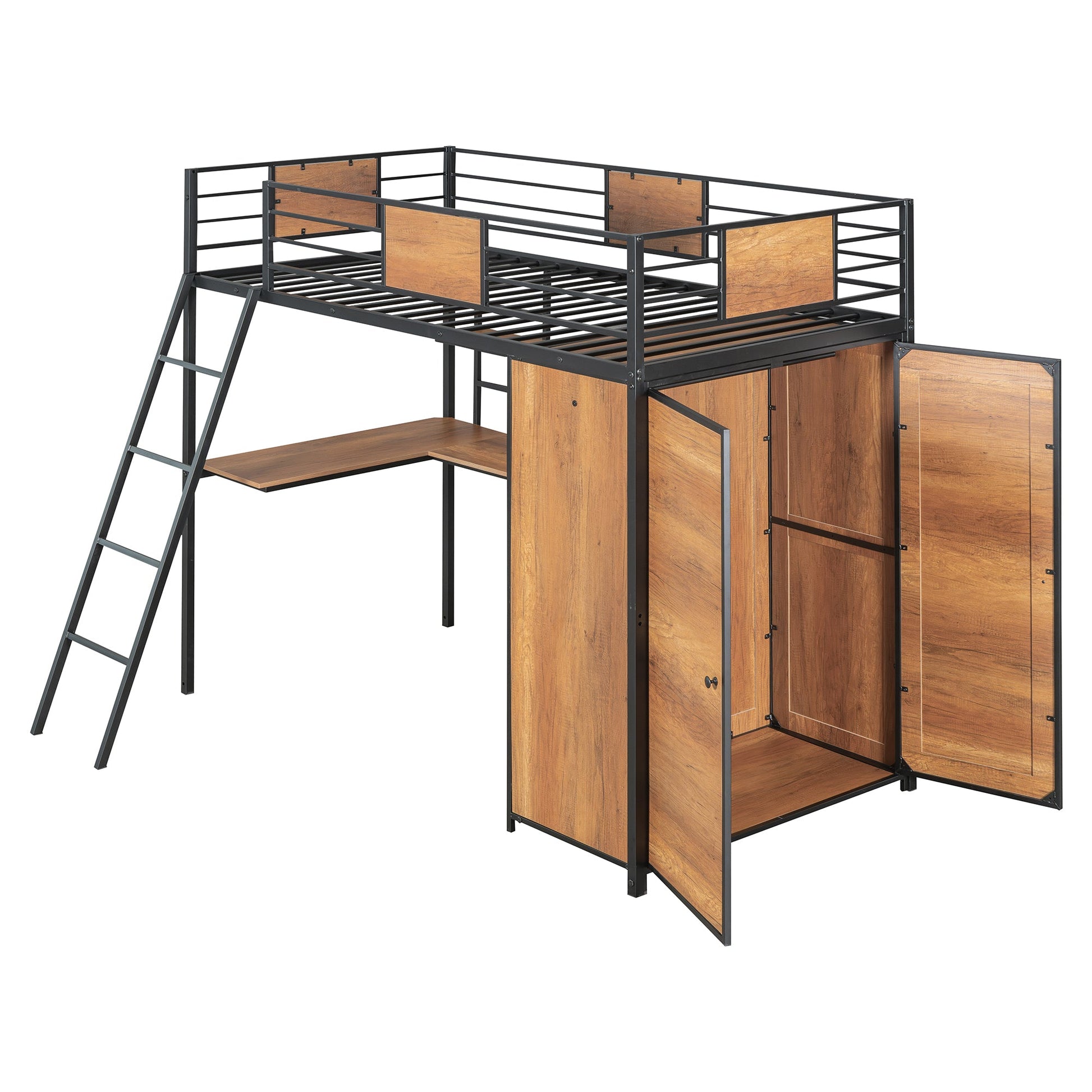 Twin Size Loft bed with L-shape Desk and Wardrobe, Black - Korvel