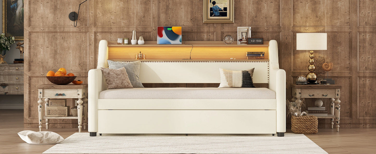 Twin Size Daybed with Trundle, Upholstered Daybed with Charging Station and LED Lights, White - Korvel
