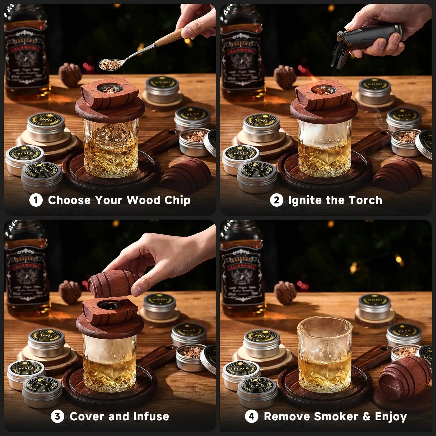 New Barrel Cocktail Smoking Kit with Wood Chips 4 Flavors Old Fashioned Drink Smoker Infuser for Bar Drinks Kitchen - Korvel
