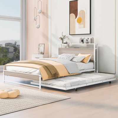 Full Size Metal Platform Bed Frame with Trundle, USB Ports and Slat Support No Box Spring Needed White - Korvel