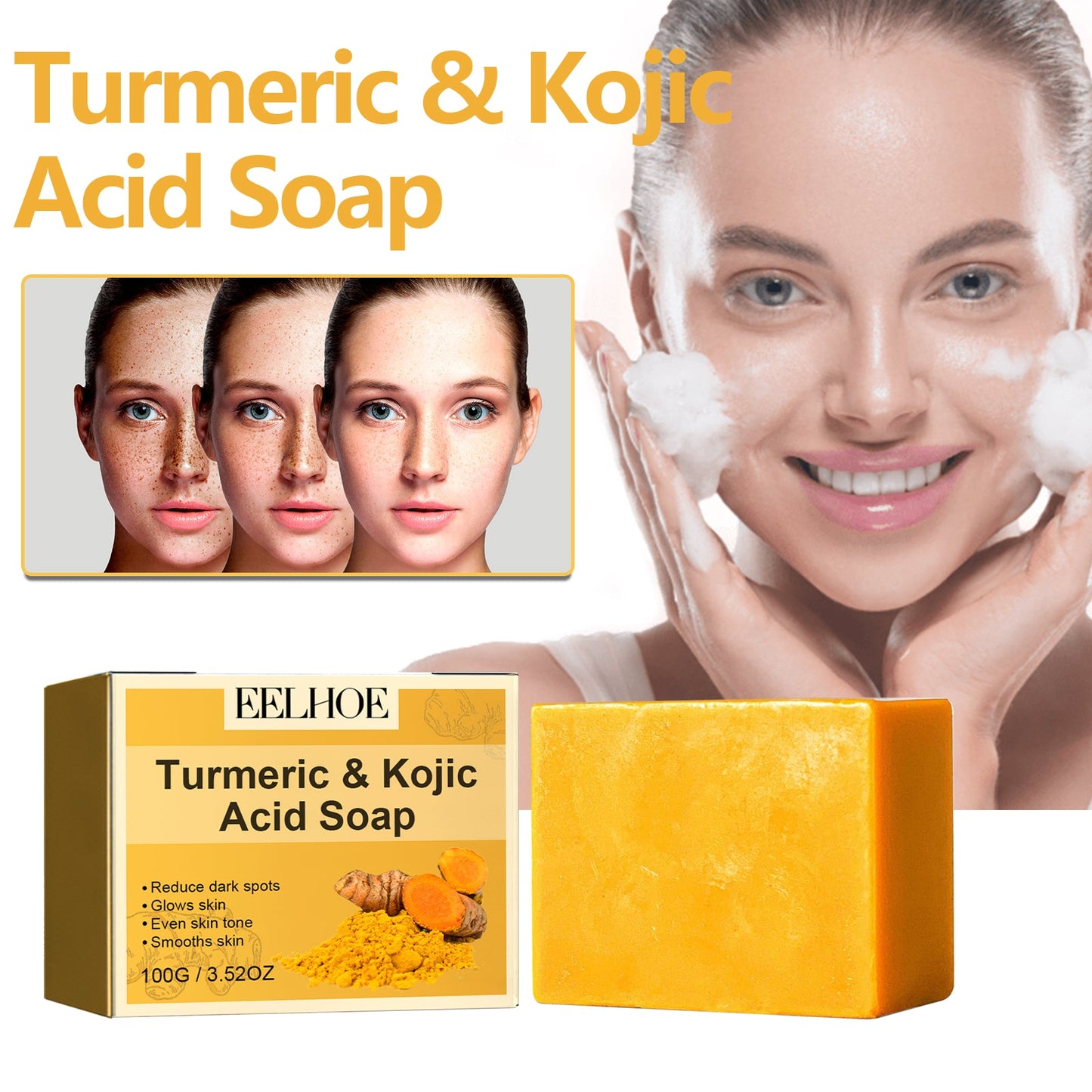 Turmeric & Kojic Acid Soap, Gently Clean Face Fade Spots Brighten Skin Tone Moisturize And Moisturize Even Skin Tone - Korvel