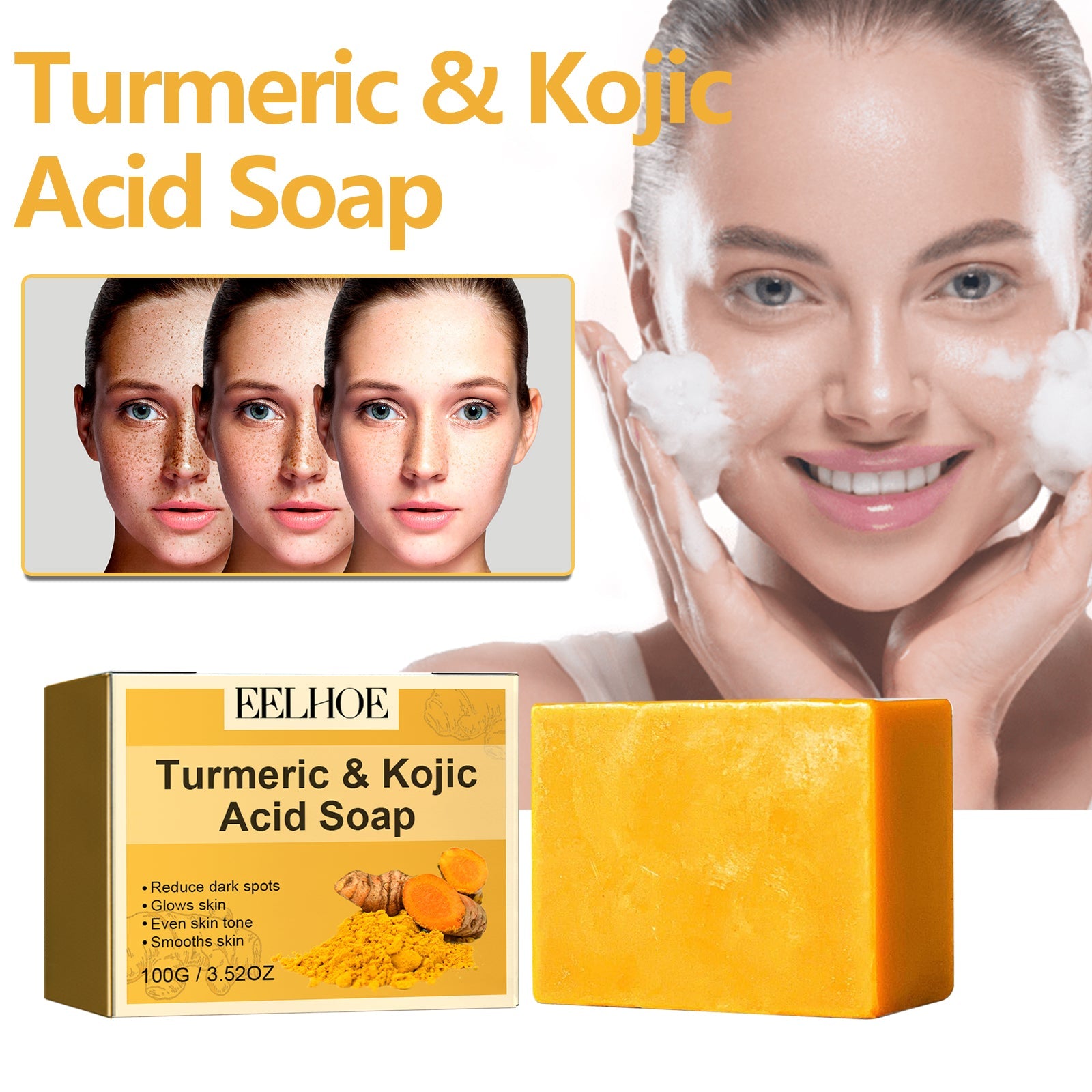 Turmeric & Kojic Acid Soap, Gently Clean Face Fade Spots Brighten Skin Tone Moisturize And Moisturize Even Skin Tone - Korvel