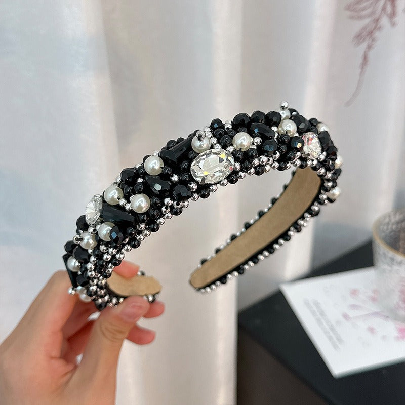 New handmade beaded crystal pearl retro exaggerated internet celebrity hot selling thin edge hair accessories - Korvel