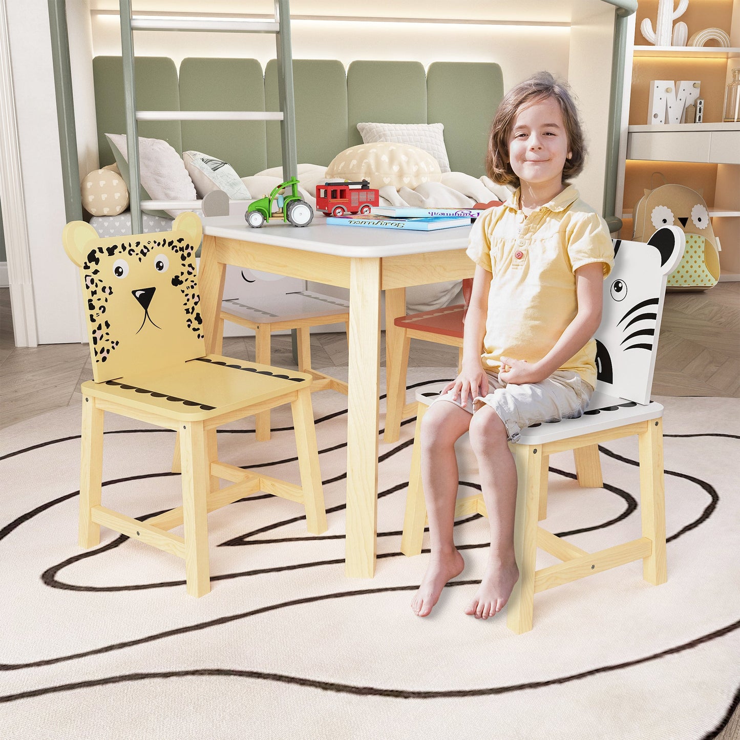 Juego de Mesa y Sillas para Niños de 5 Piezas - Mesa de Madera para Niños con 4 Sillas de Dibujos An