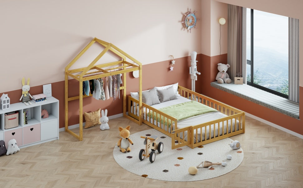 Wooden Full Size Children's Bed with Detachable Headboard and Integrated Clothes Drying Rack, Natural - Korvel