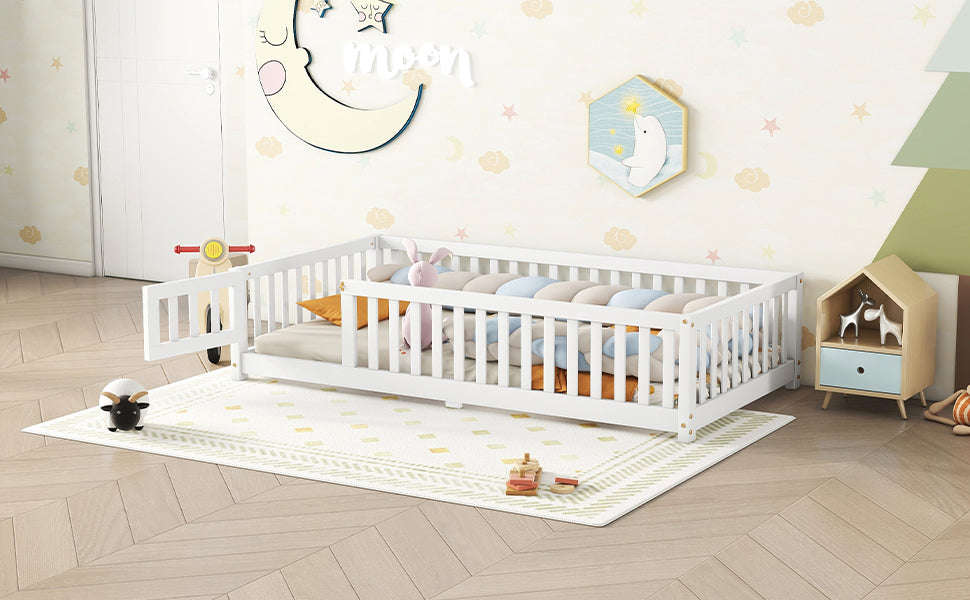 Twin Size Bed Floor Bed with Safety Guardrails and Door for Kids, White - Korvel