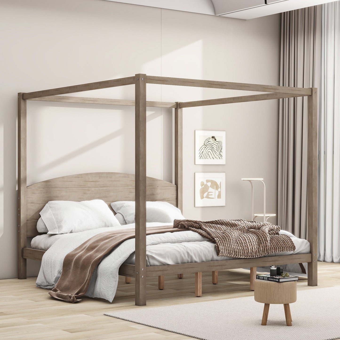 King Size Canopy Platform Bed with Headboard and Support Legs, Brown Wash - Korvel