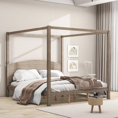 King Size Canopy Platform Bed with Headboard and Support Legs, Brown Wash - Korvel