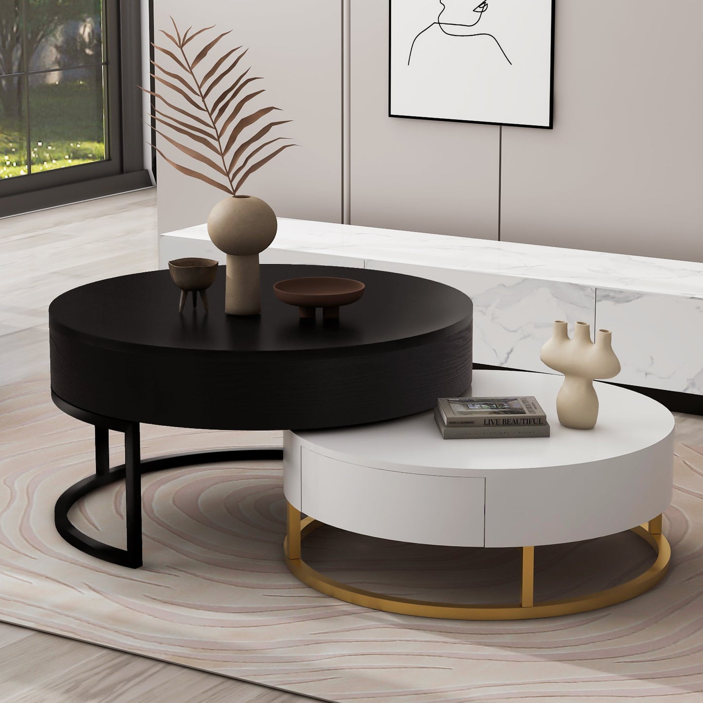 Tables basses empilables rondes modernes avec plateau relevable et tiroirs