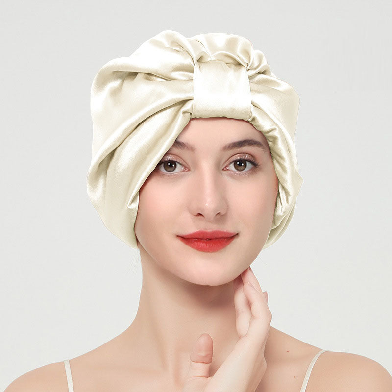 Double layer elastic simulation silk beauty makeup satin knotted hair care home French nightcap - Korvel