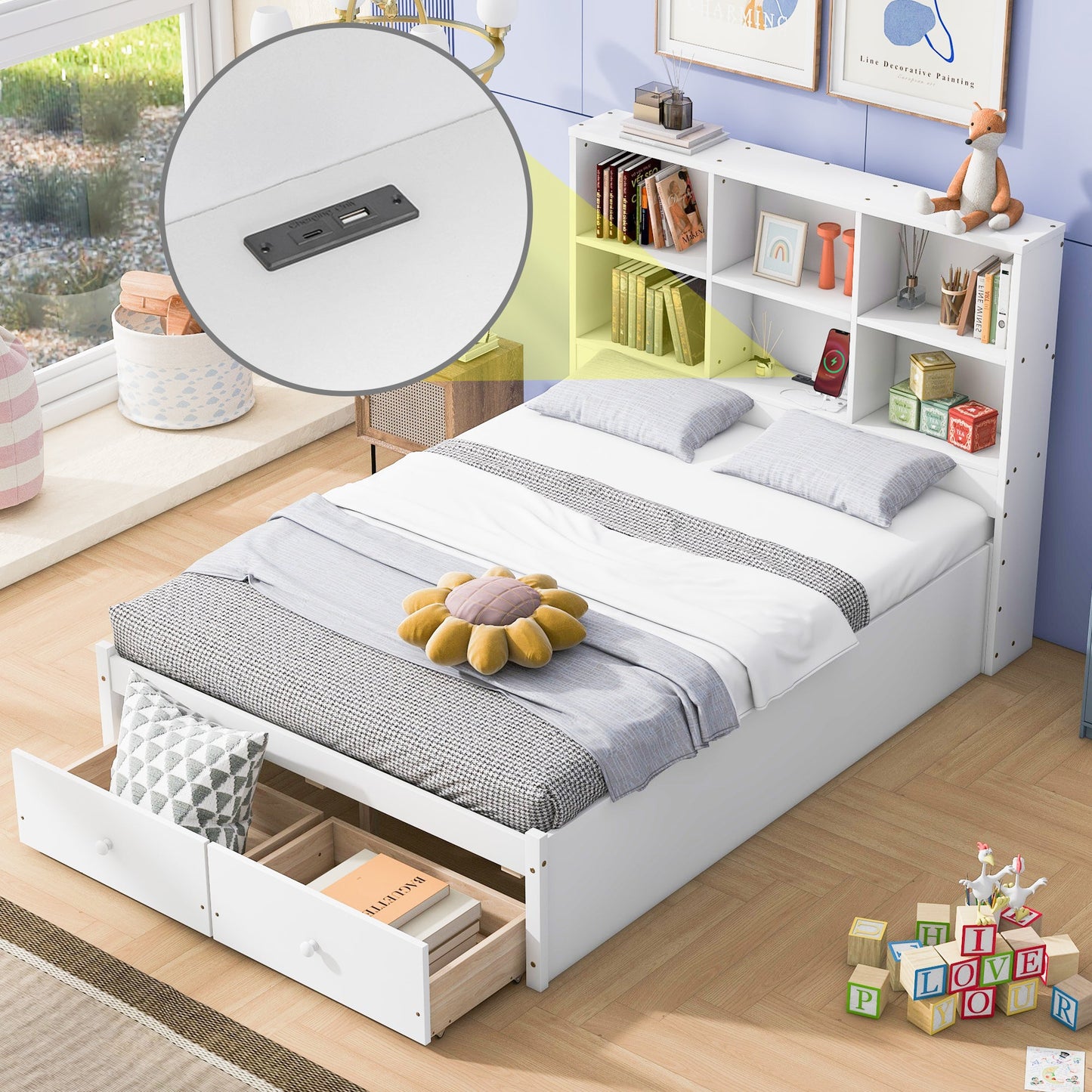 Full Size Platform Bed with Storage Headboard, Charging Station and 2 Drawers White - Korvel