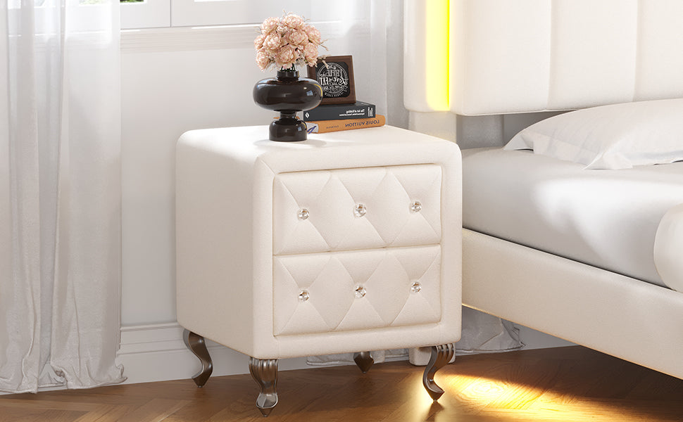 Elegant PU bedside table with 2 drawers and crystal handles, storage with metal legs - white - Korvel