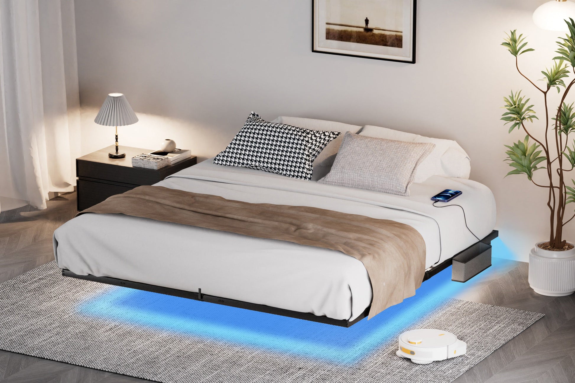 Floating Bed Frame King Size with LED Lights ＆ charging station, Metal Platform Queen Bed, 79.9'' L x 76.2'' W x 7.9'' H. - Korvel