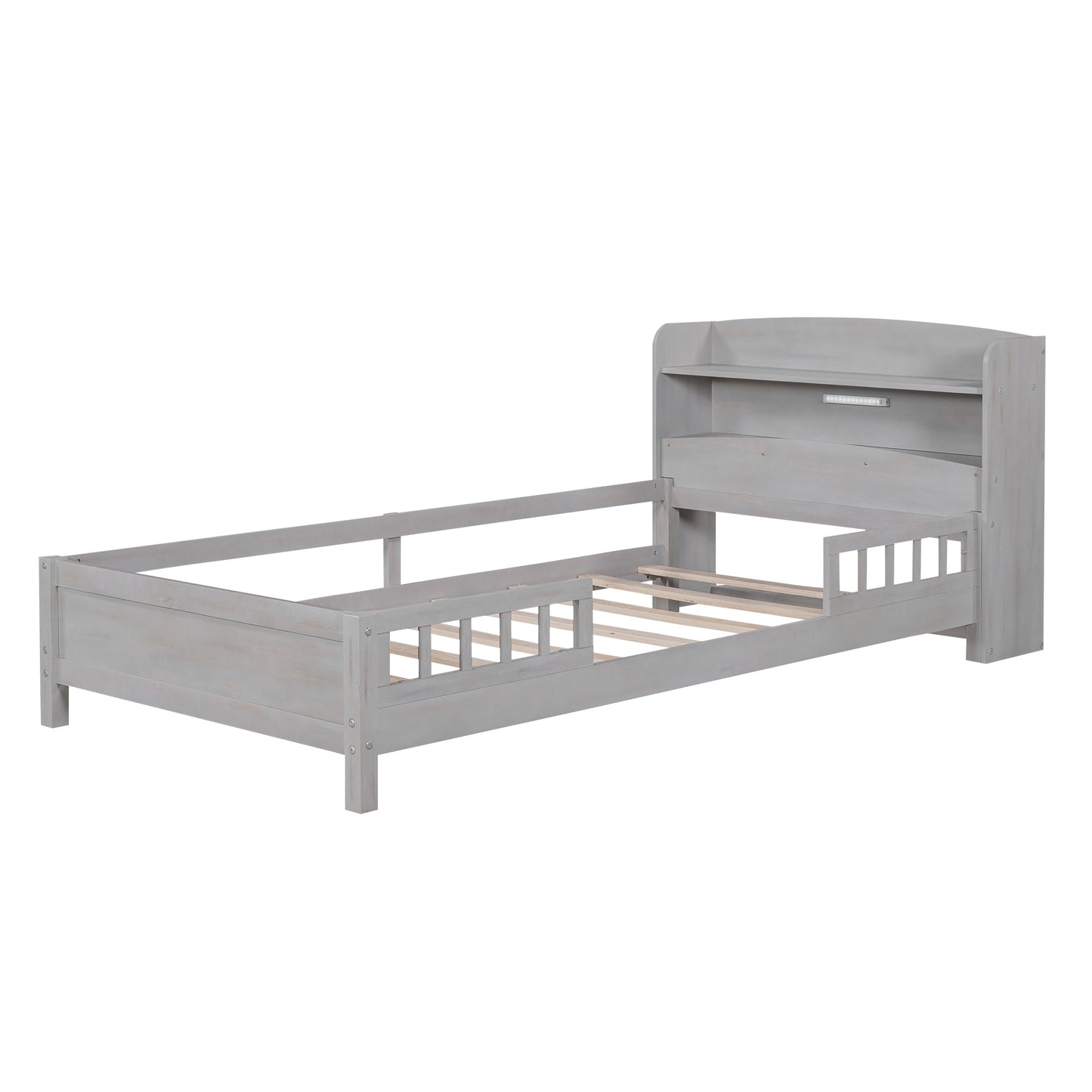 Wood Twin Size Platform Bed with Built-in LED Light  Storage Headboard and Guardrail Antique Grey - Korvel