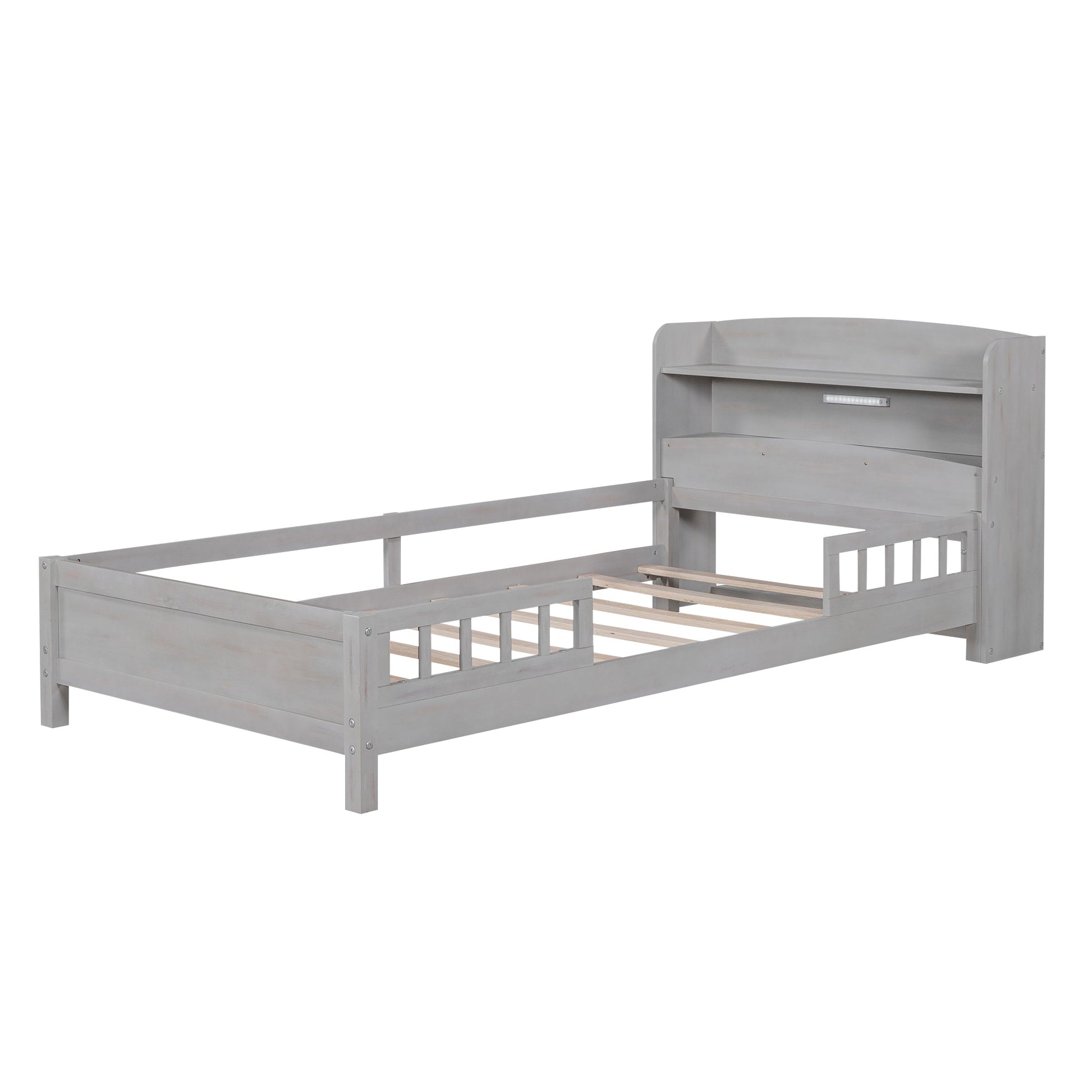 Wood Twin Size Platform Bed with Built-in LED Light  Storage Headboard and Guardrail Antique Grey - Korvel