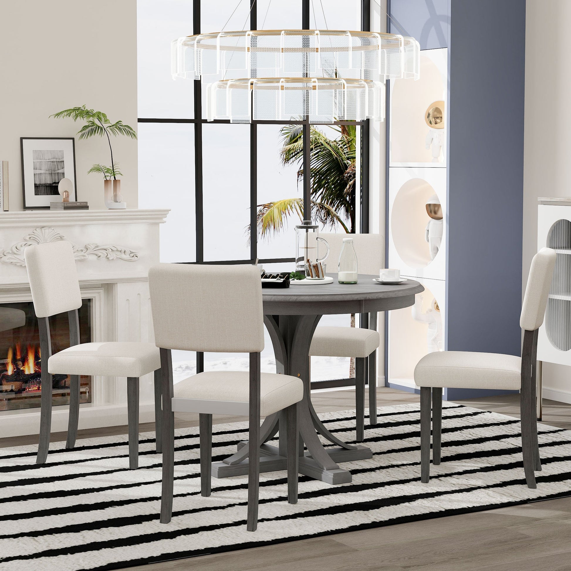 TREXM Five Piece Retro Round Dining Table Set with Curved Brackets and 4 Restaurant Cushioned Chairs (Dark Gray) - Korvel