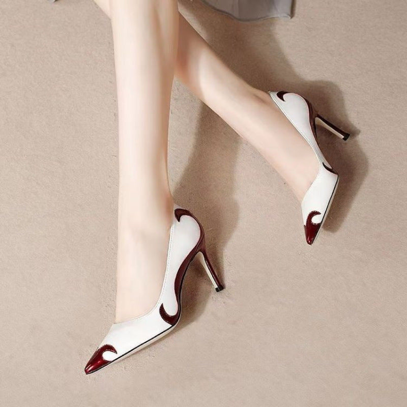 Red and green dragonfly pointed slender heel banquet women's shoes color blocked single shoes for women - Korvel