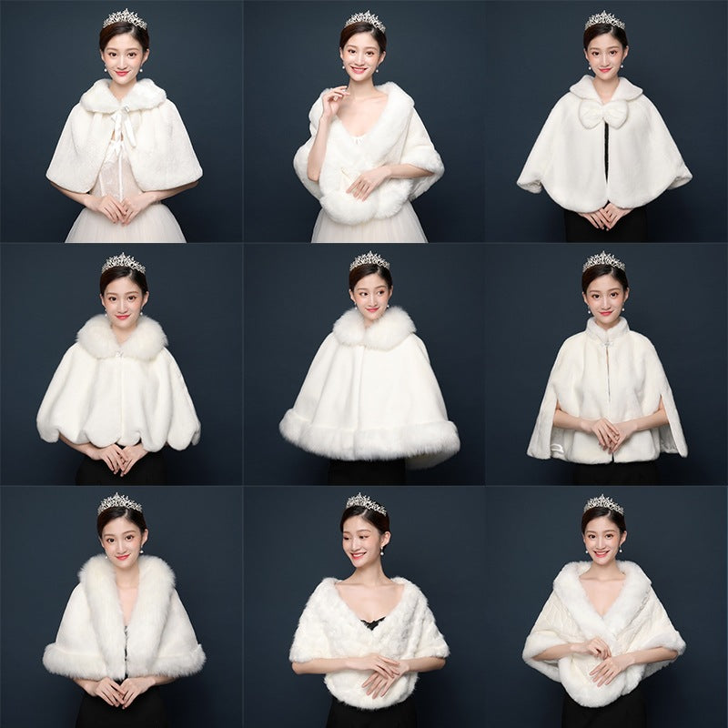 Bride's wedding dress fur shawl women's warm white cloak cheongsam jacket red cloak - Korvel