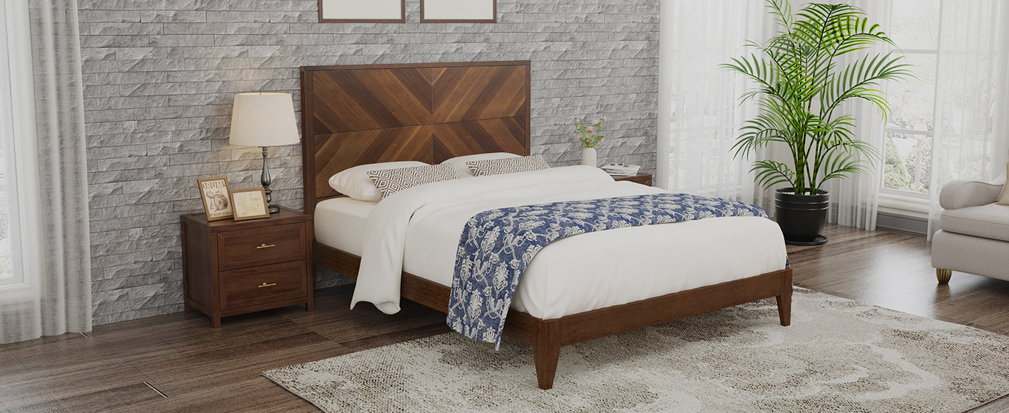 Mid-Century Modern Platform Bed Wood Slat Support with No Box Spring Needed,Queen, Walnut - Korvel