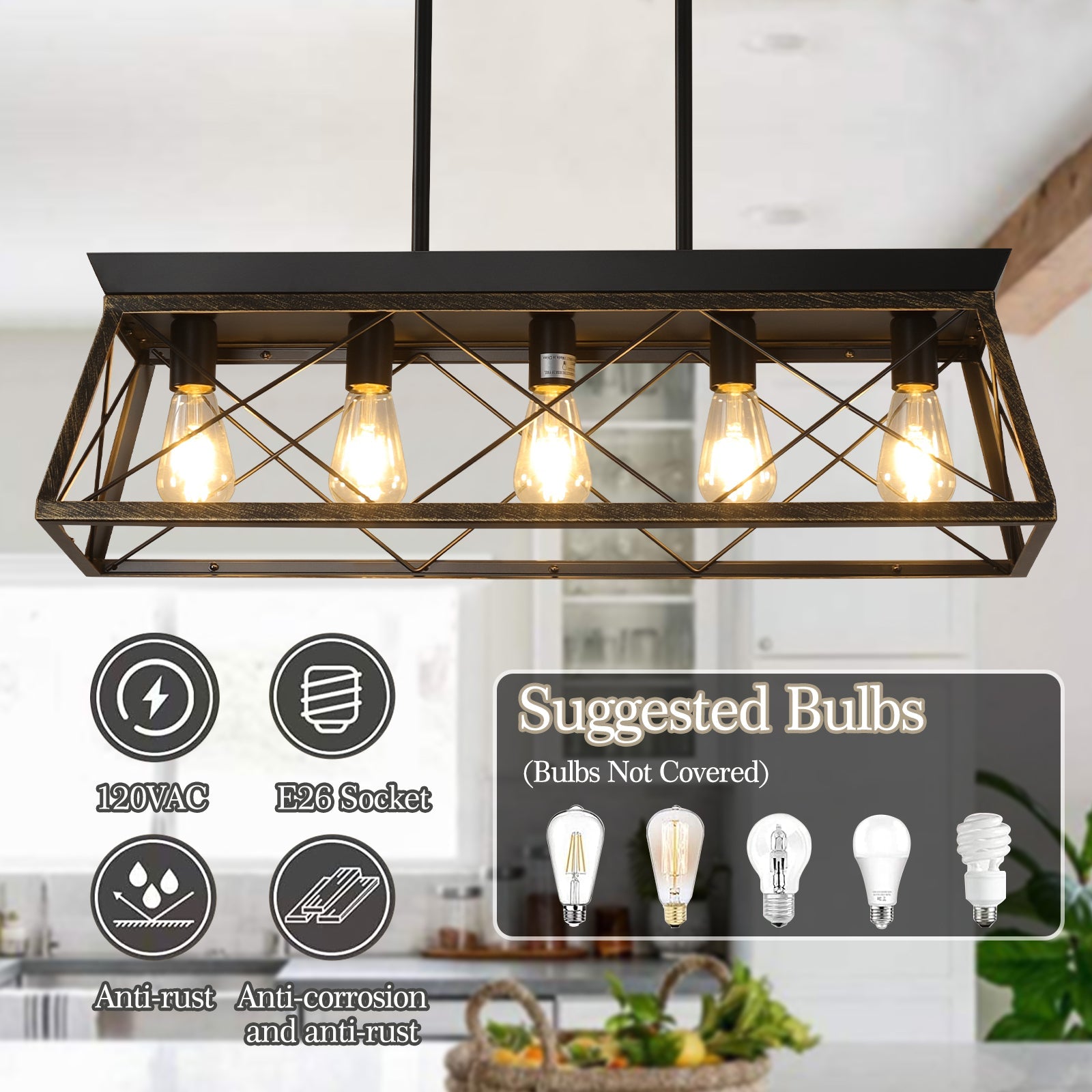 5-Light Farmhouse Chandeliers for Dining Room Metal Rustic Pendant Island Light  Modern Rectangular Island Lights (No Bulbs) - Korvel