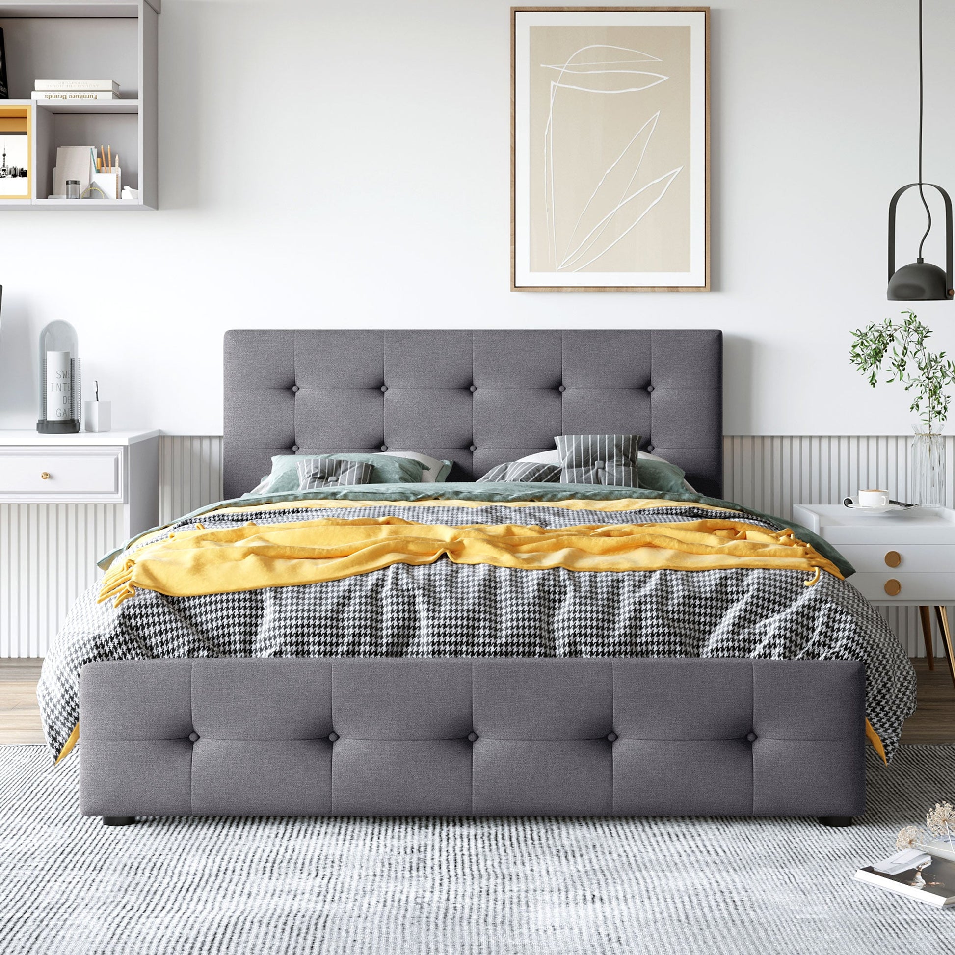 Upholstered Platform Bed with Classic Headboard and 4 Drawers No Box Spring Needed Linen Fabric Queen Size Dark gray - Korvel