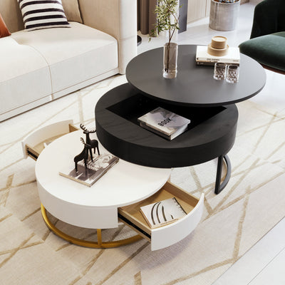 Modern Round Lift-Top Nesting Coffee Tables with Drawers