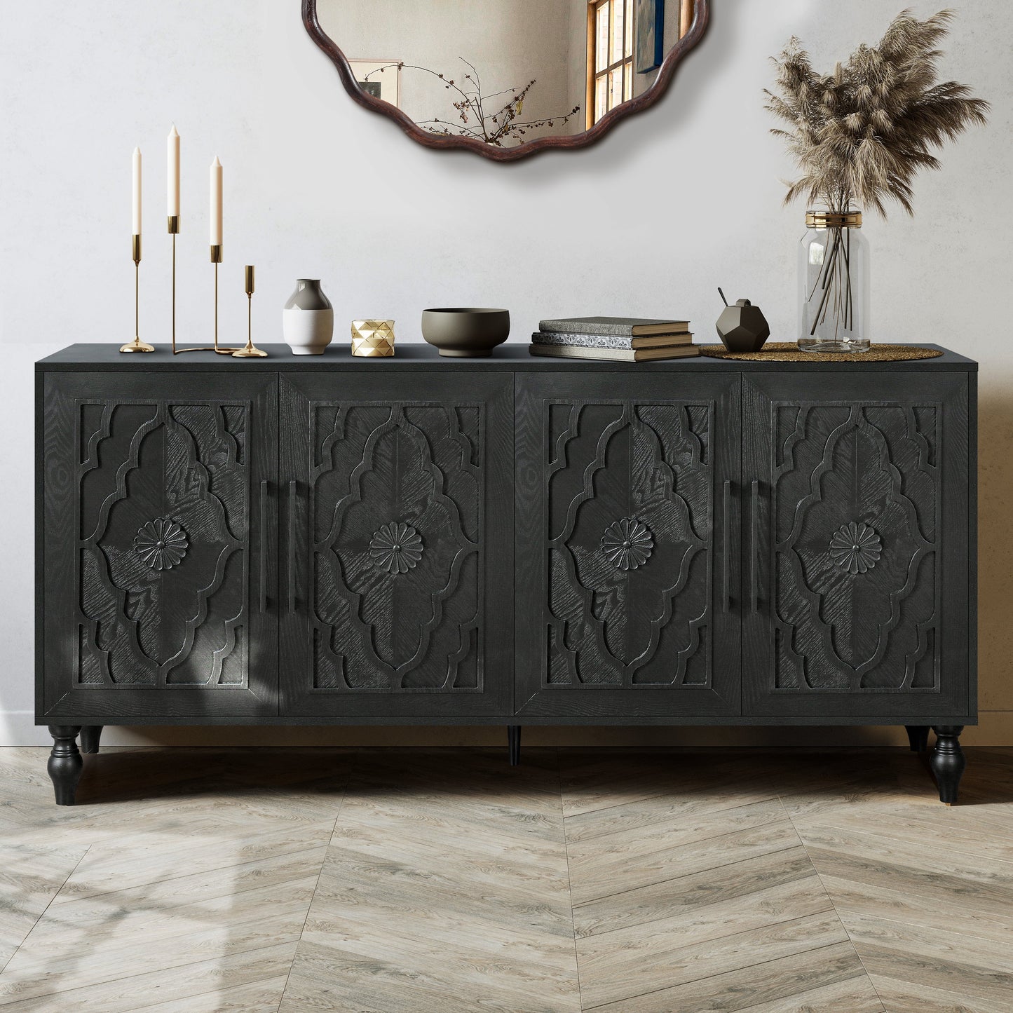 Carved Flower Door Large Storage Cabinet With Metal Handle Suitable For Living Room, Kitchen, Entryway(BLACK) - Korvel