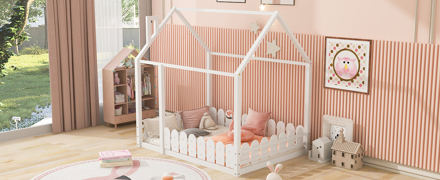 (Slats are not included) Full Size Wood Bed House Bed Frame with Fence for Kids Teens Girls Boys (White ) - Korvel