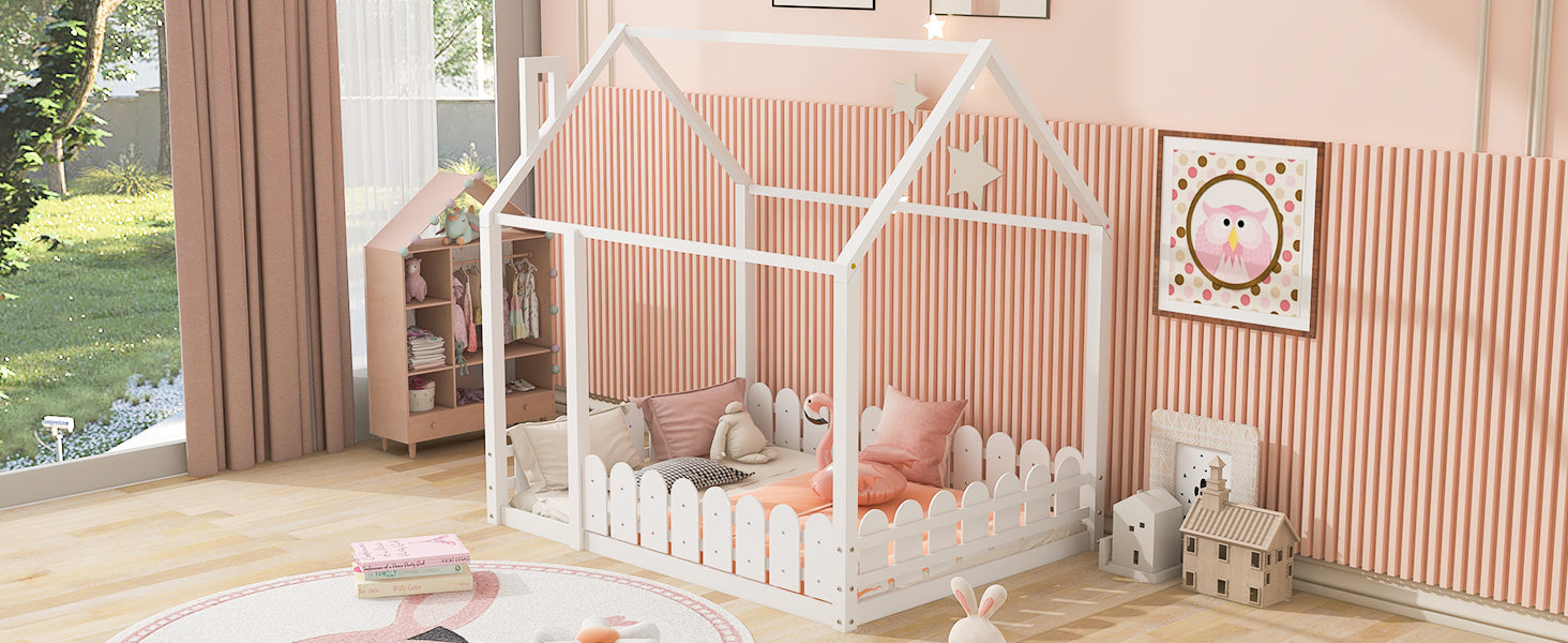 (Slats are not included) Full Size Wood Bed House Bed Frame with Fence for Kids Teens Girls Boys (White ) - Korvel