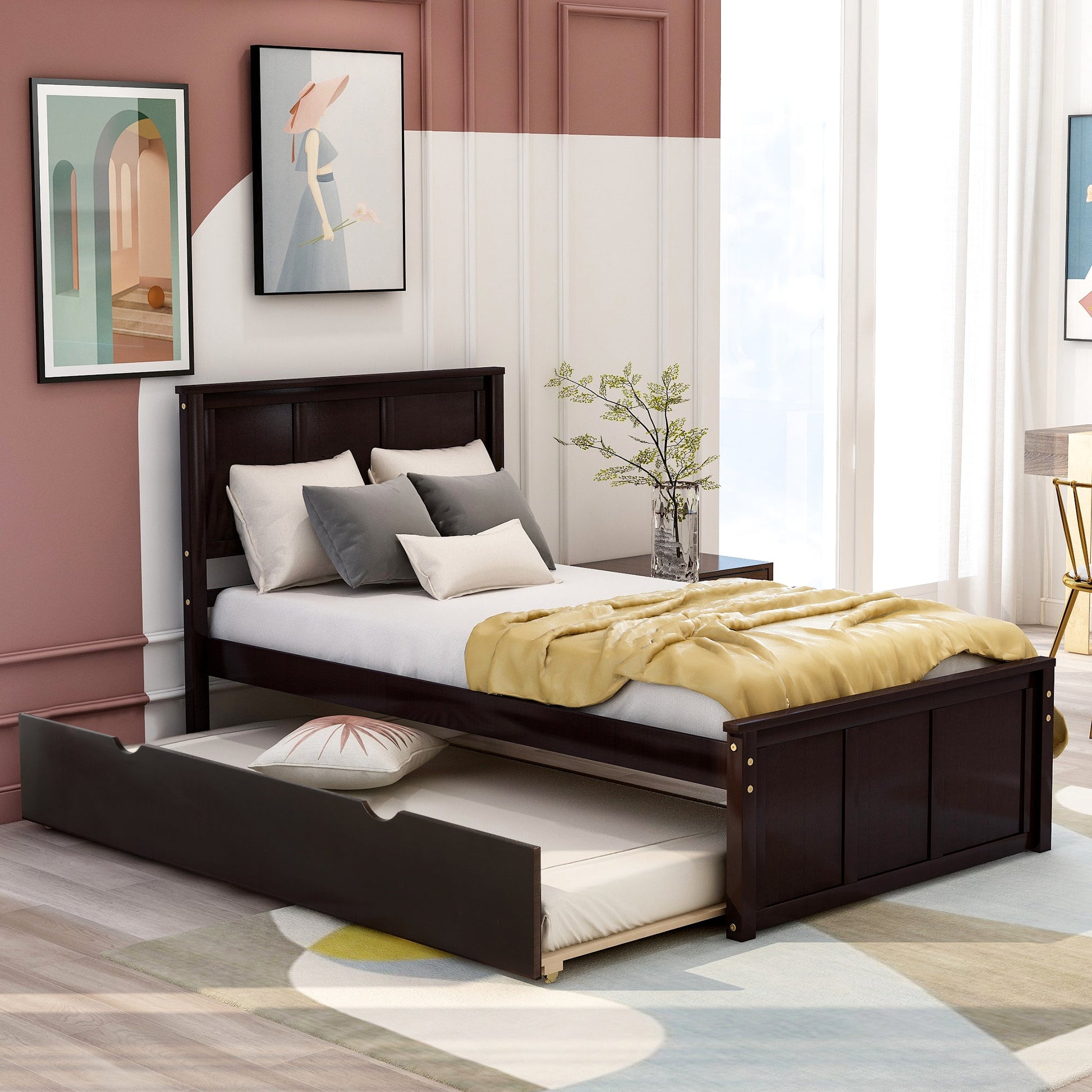 Platform Bed with Twin Size Trundle, Twin Size Frame, Espresso - Korvel