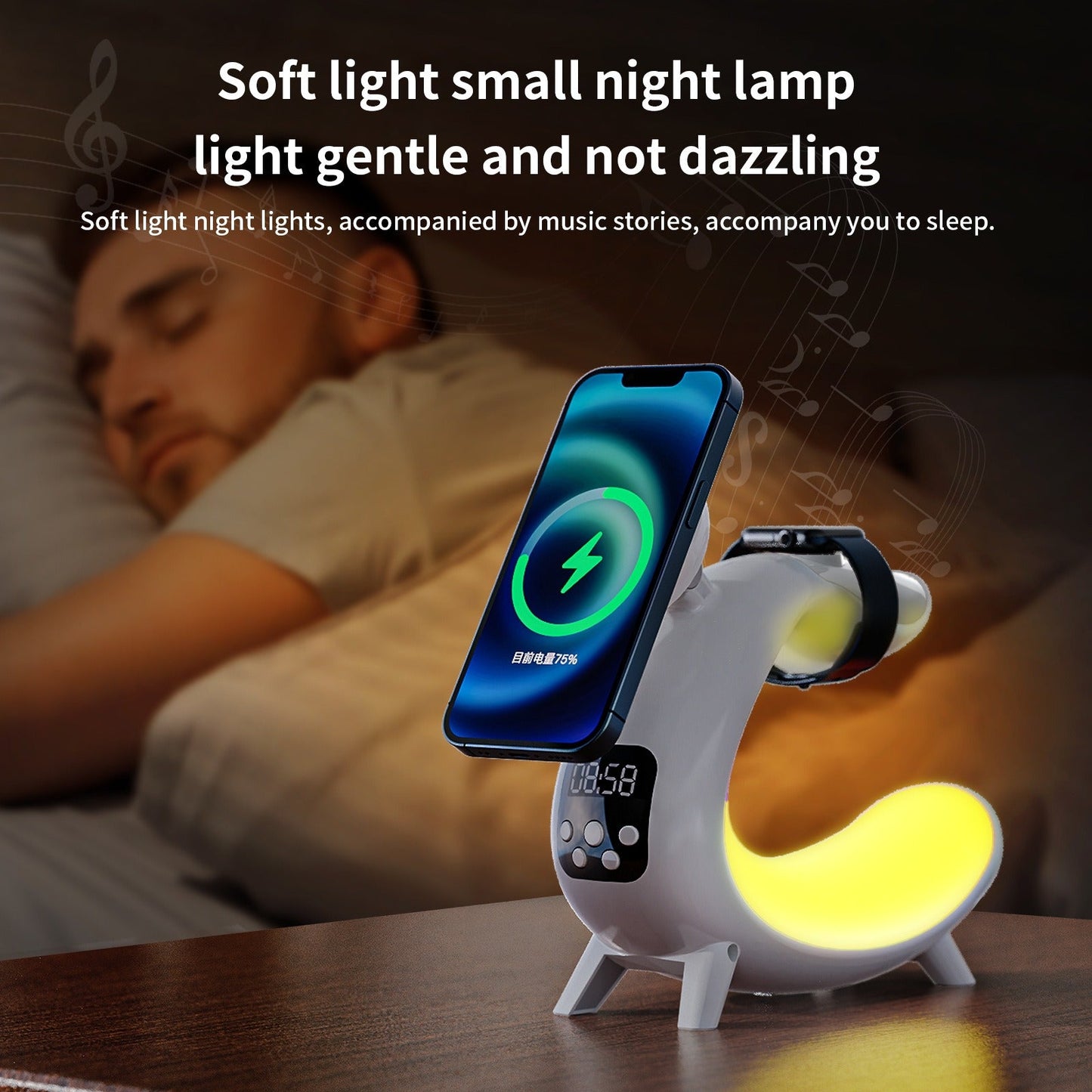 Cargador Inalámbrico 6 en 1 con Reloj y Luz Nocturna