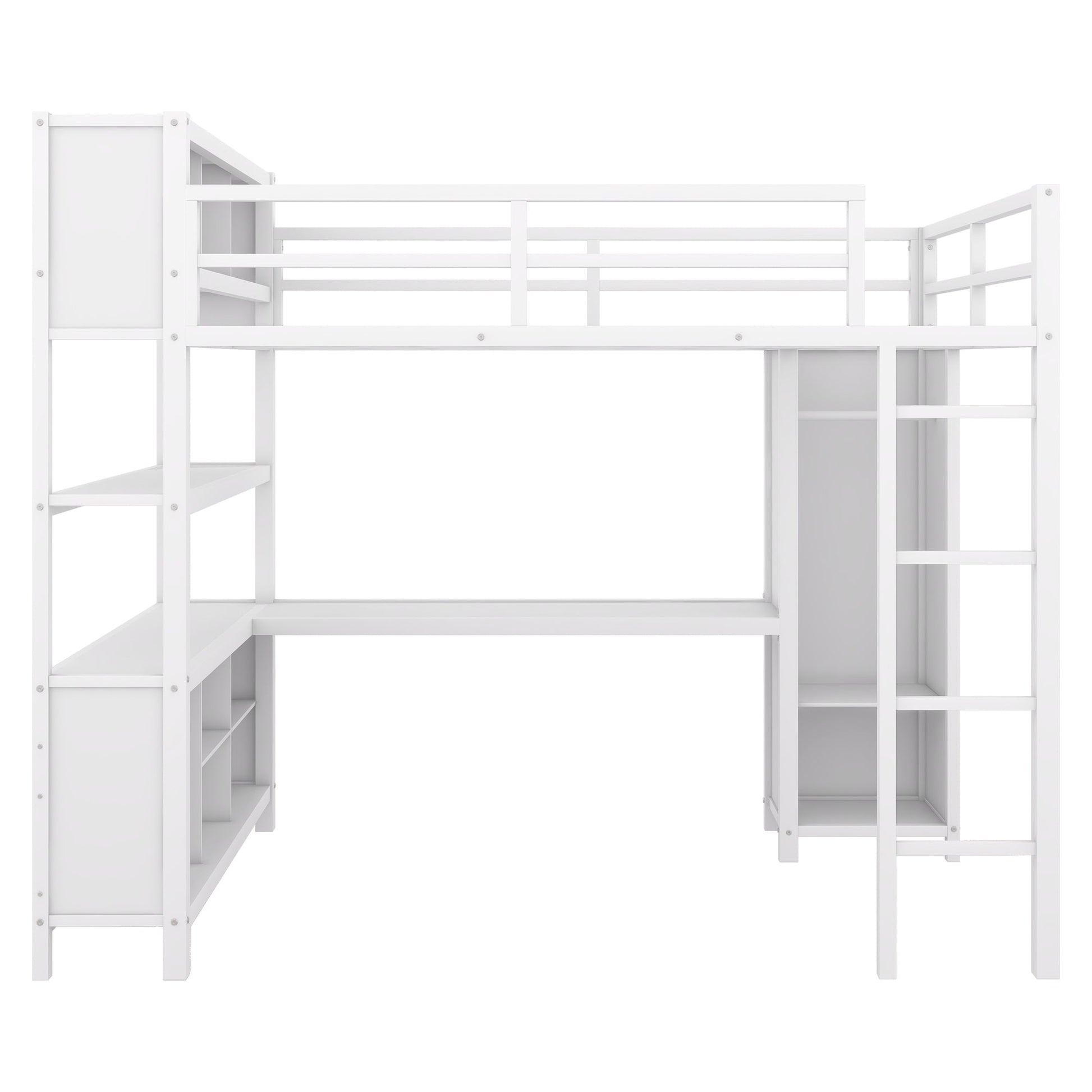 Metal loft bed with wardrobe and L-shaped desk, full-size loft bed with storage cabinet and shelf, white - Korvel