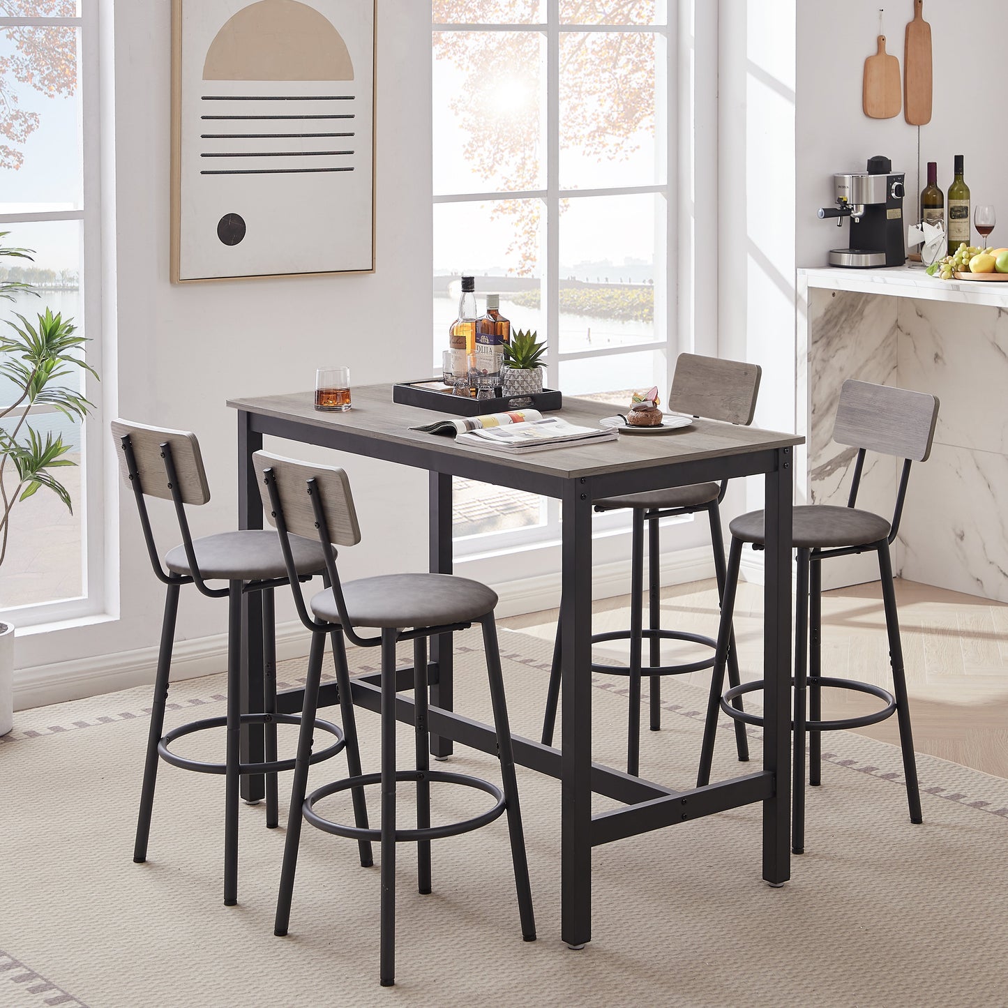 Bar Table Set with 4 Bar stools PU Soft seat with backrest Grey 47.24'' L x 23.62'' W x 35.43'' H - Korvel